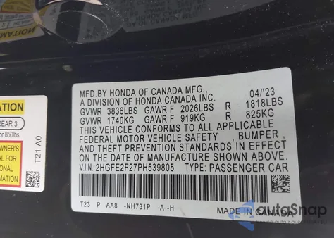 2023 Honda Civic Lx from USA, damaged, VIN 2HGFE2F27PH539805